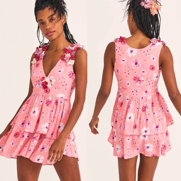LoveShackFancy Shayna Mini Dress Daisy Print Flower Applique Tiered Skirt V-neck - Picture 1 of 13